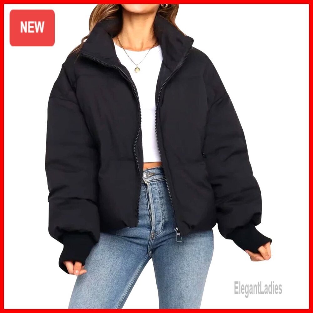 Cropped Puffer Jacket Women's Winter Quilted Lightweight Outerwear with Pockets